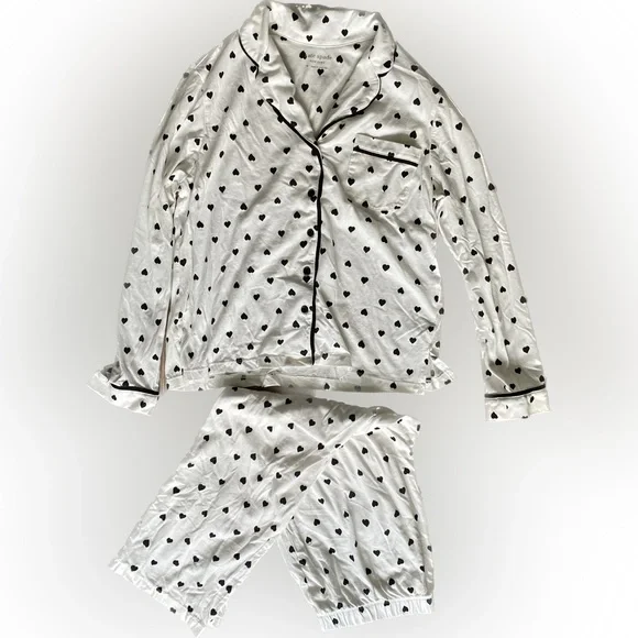 NWOT Kate Spade Pajama/Sleepwear Set, Medium, White with Black Hearts - Picture 3 of 7